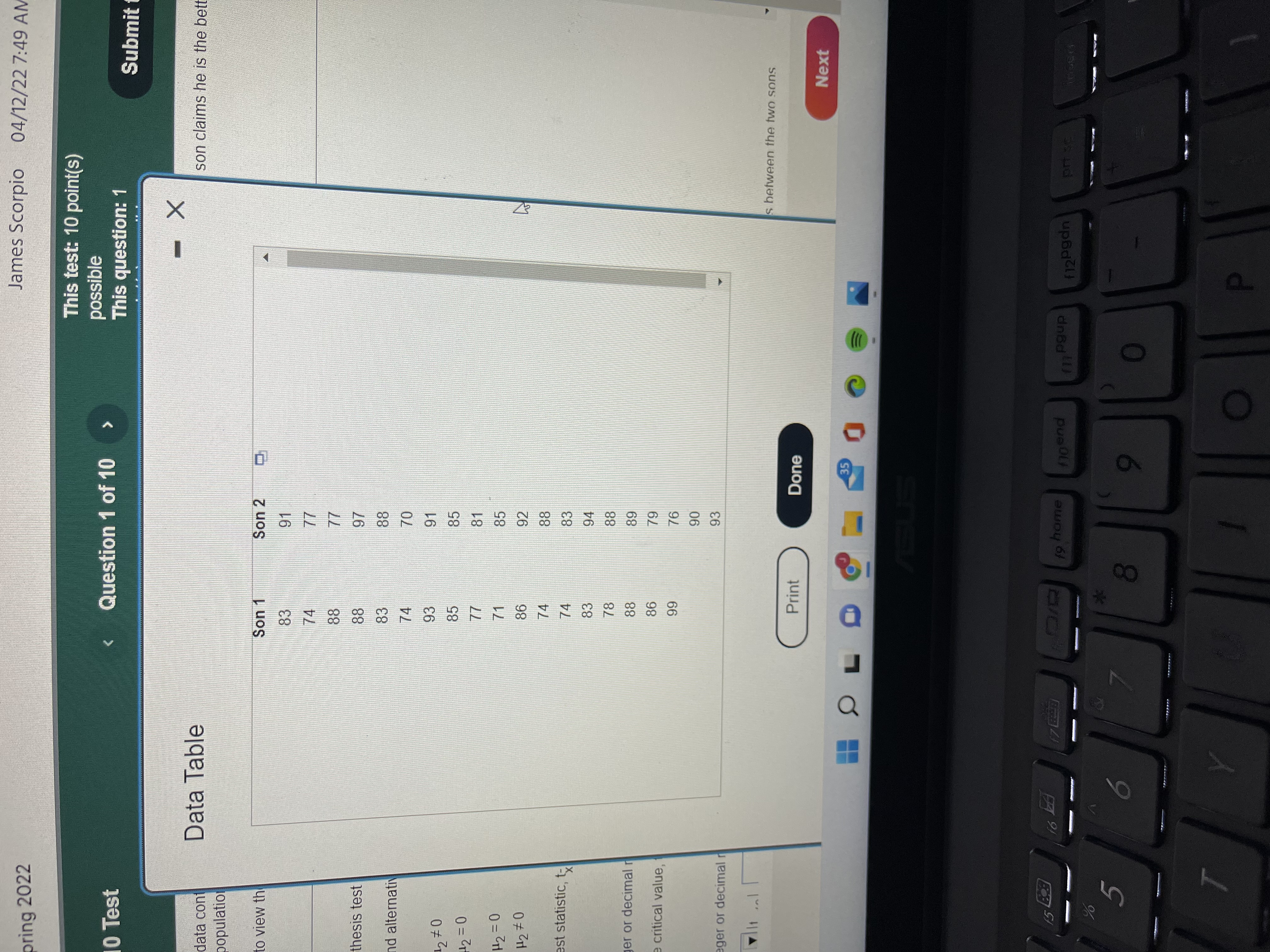 test point(s) possible The accompanying data contains a random sample of golf