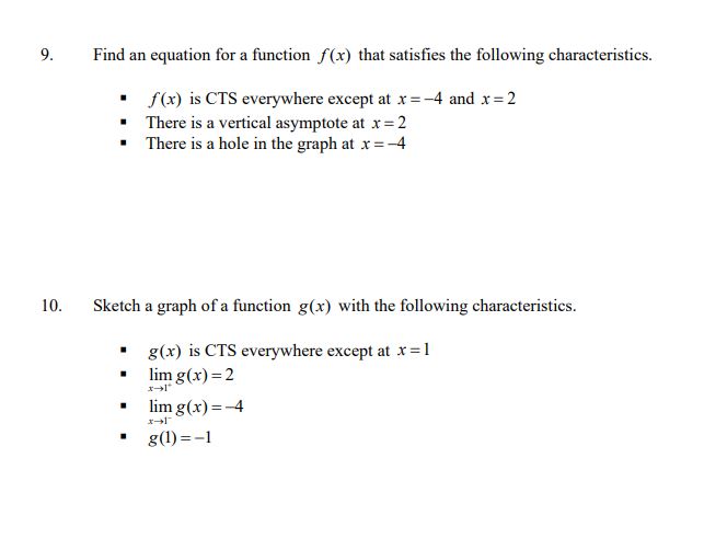 9. Find an equation for a function f(x) that satisfies the