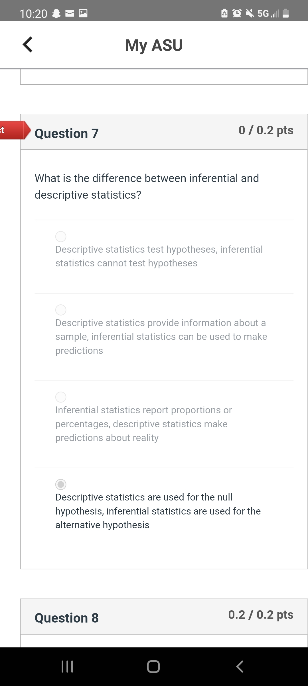 10:20 Question 7 My ASU O / 0.2 pts What is the
