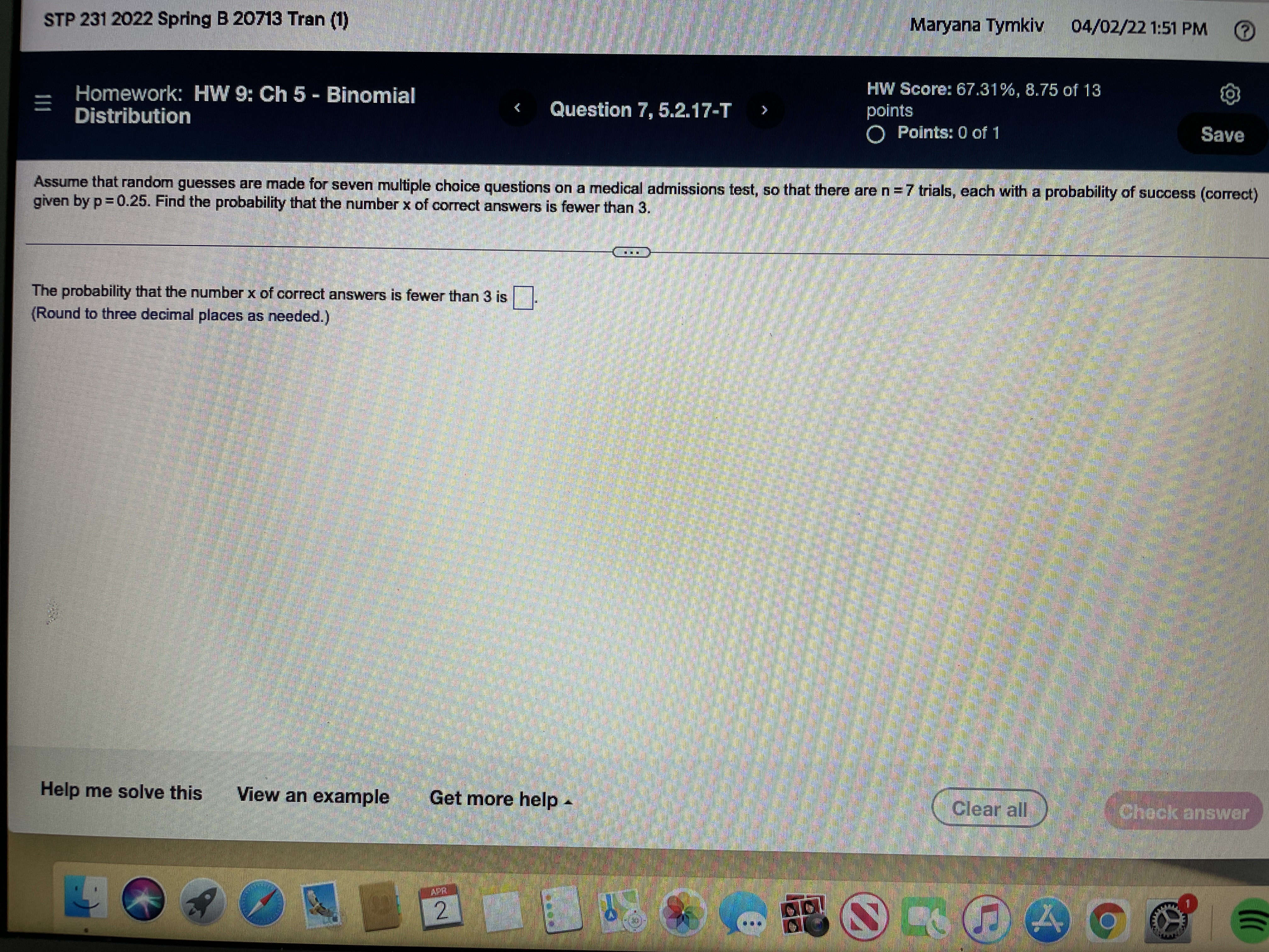 HW 9: Ch 5 - E x mylab.pearson.com/Student/PlayerHomework.aspx?homeworkld=622871003&questionld=3&flushed=false&cld=6914052¢erwin=yes * *Paused STP 231