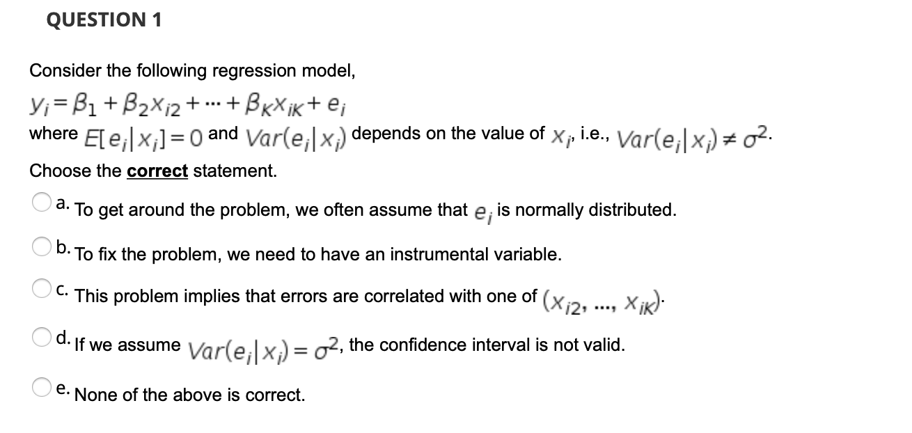 Please help me. QUESTION 1 Consider the following regression model, .Vr =