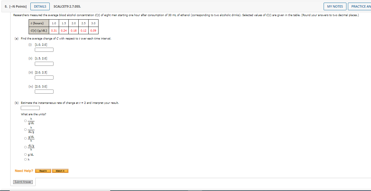 10. [-/6 Points] DETAILS SCALCET9 2.7.014. The displacement [In feet) of a