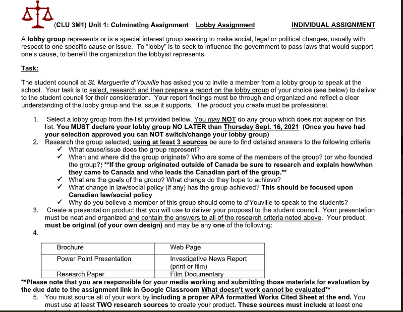  (CLU 3M1) Unit 1: Culminating Assignment Lobby Assignment INDIVIDUAL ASSIGNMENT A