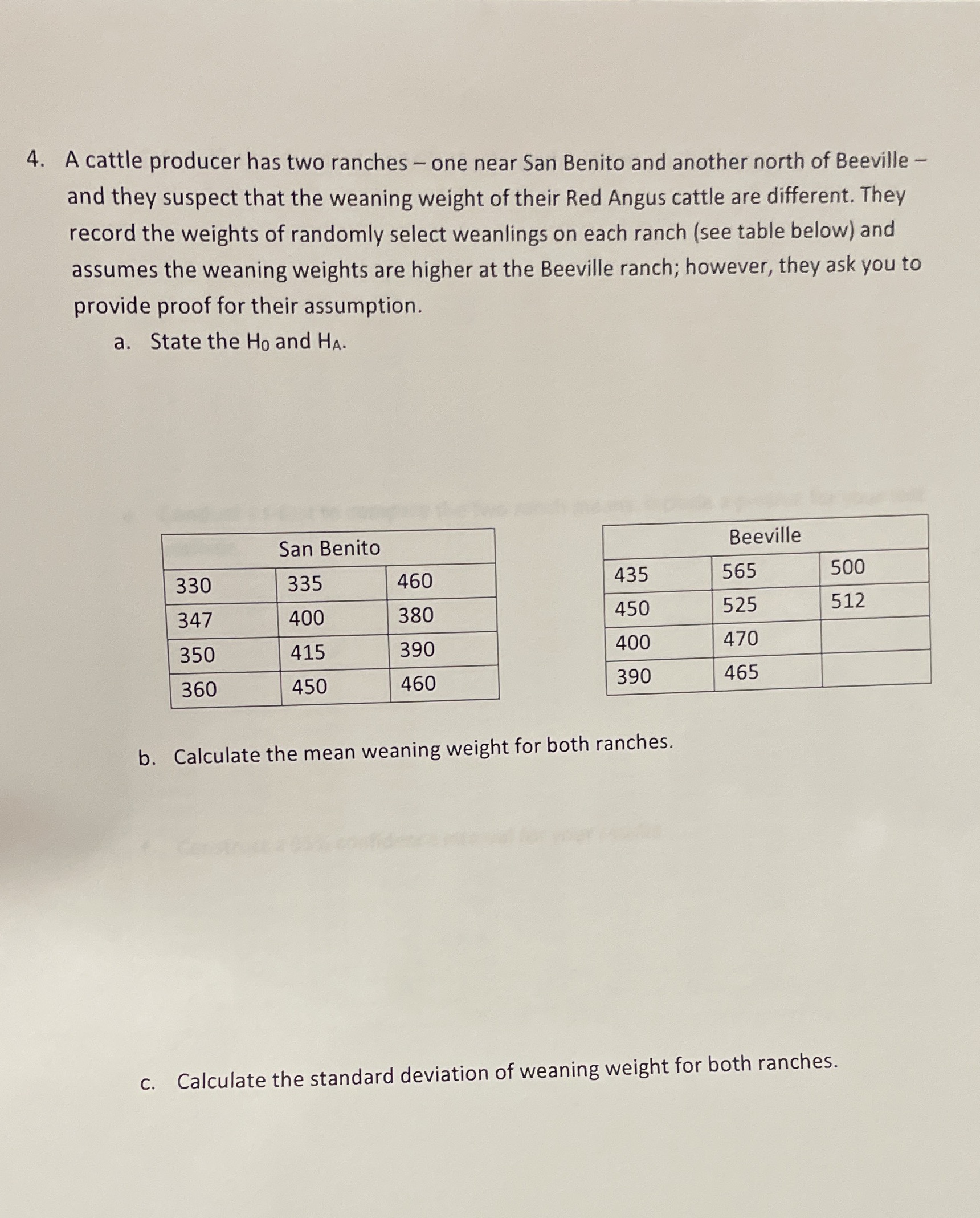 Additional parts to this Question:D. Calculate the standard error for both ranches