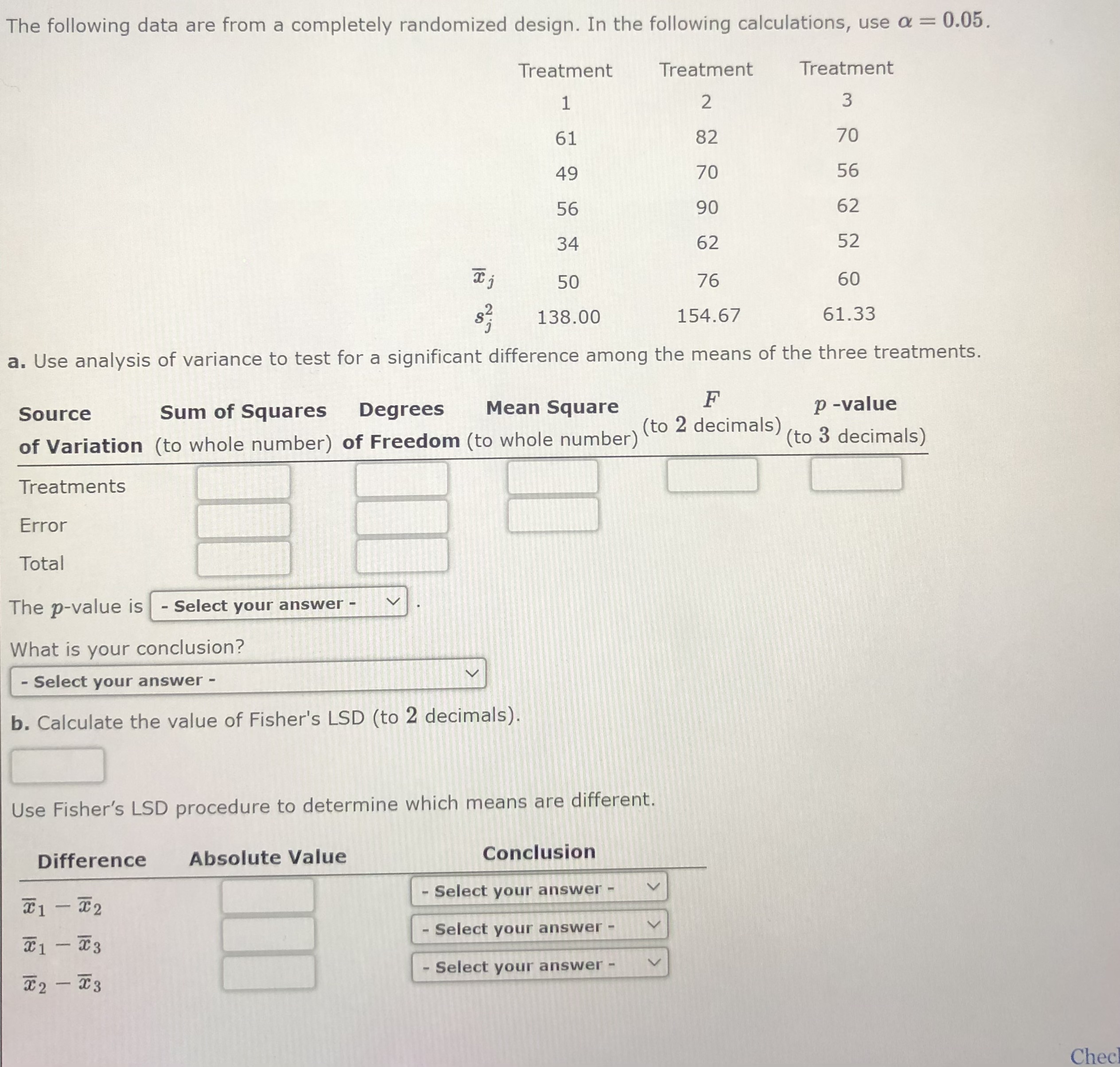  The following data are from a completely randomized design. In the