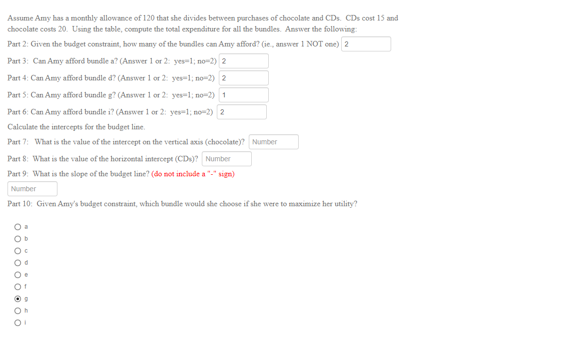 Amy's " consumption bundles" as indicated in the following table. Plot quantityr