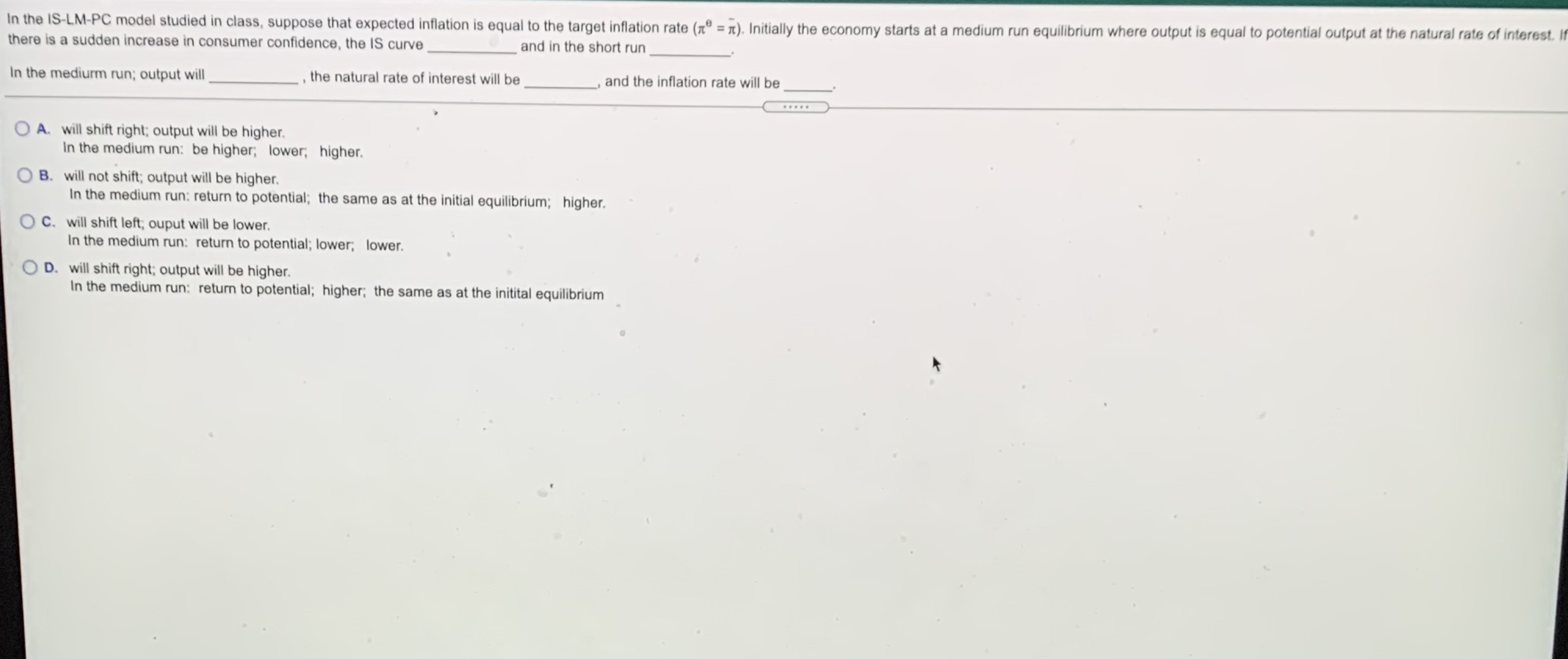  In the IS-LM-PC model studied in class, suppose that expected inflation