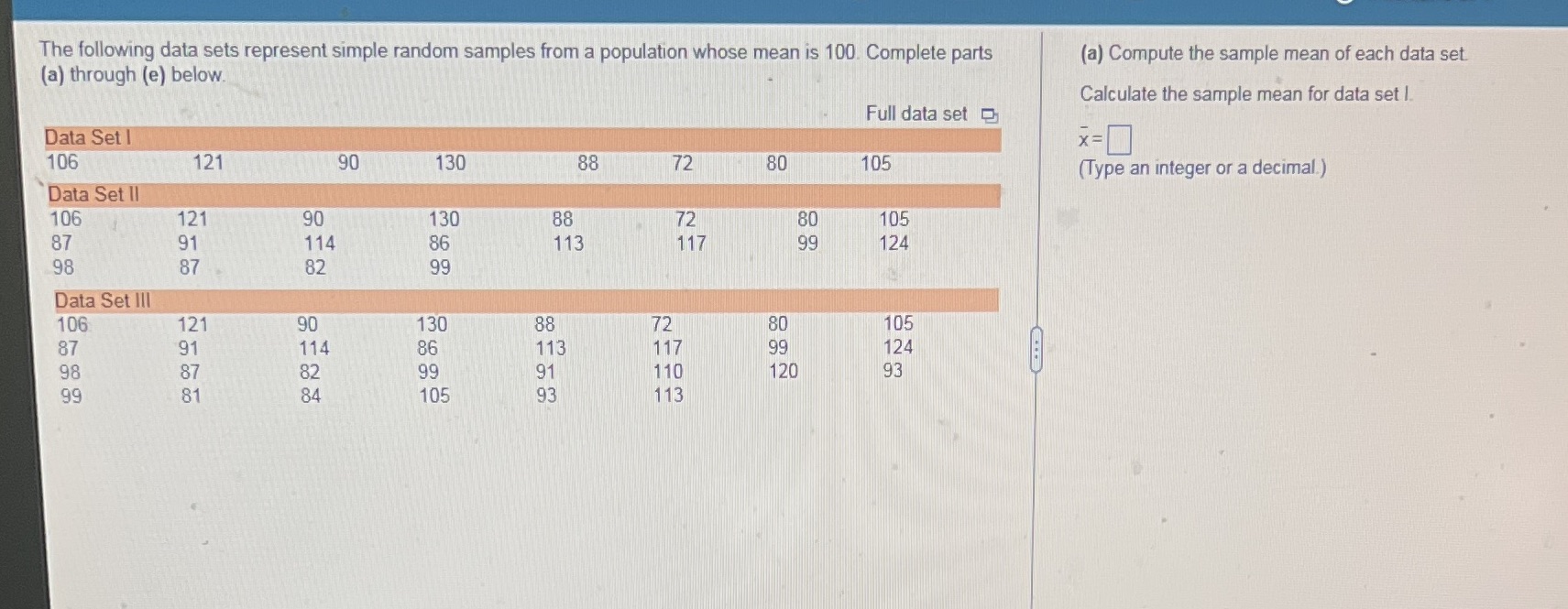  (a) through (e) below. The following data sets represent simple random