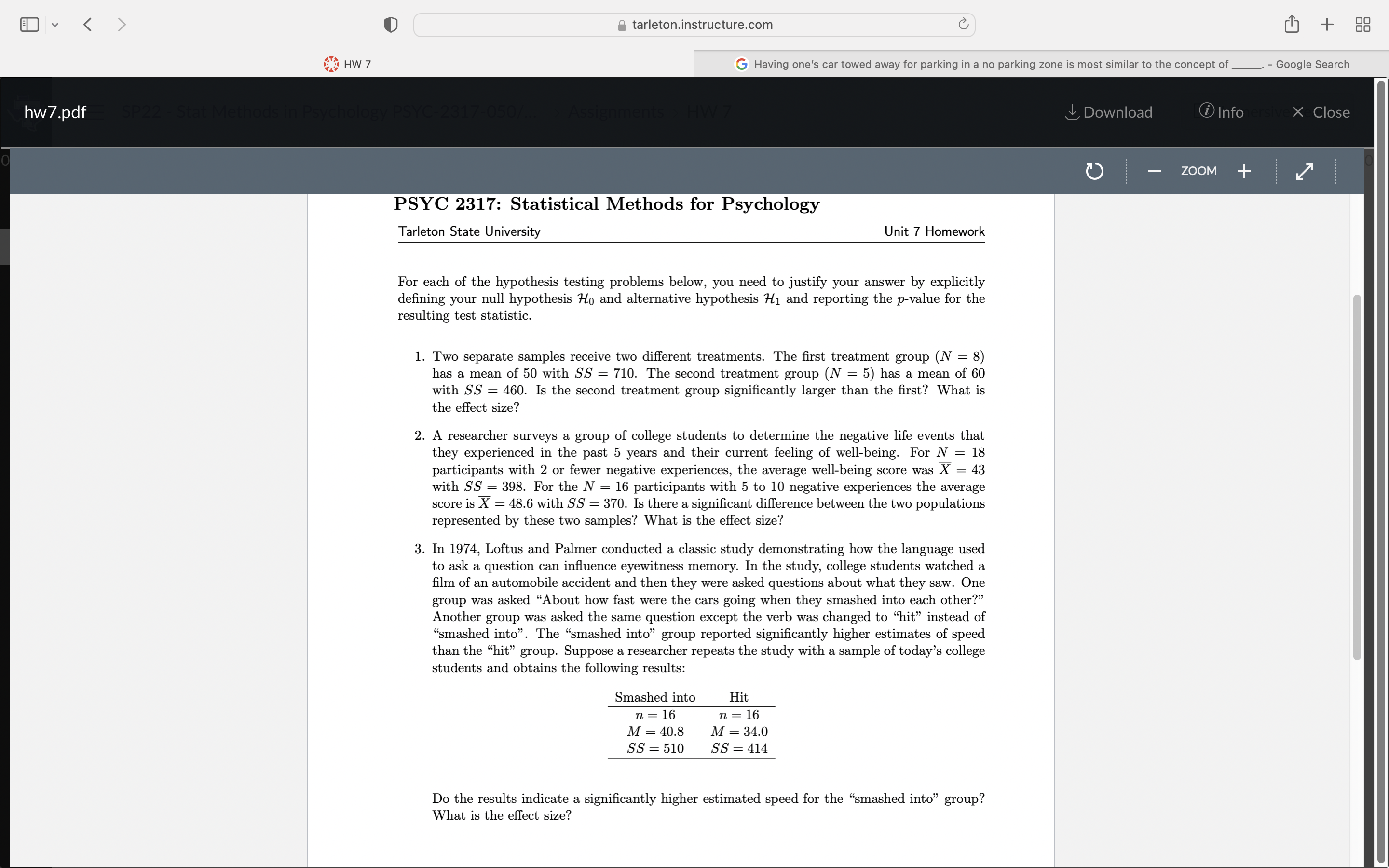 v tarleton.instructure.com C + 88 HW 7 G Having one's car