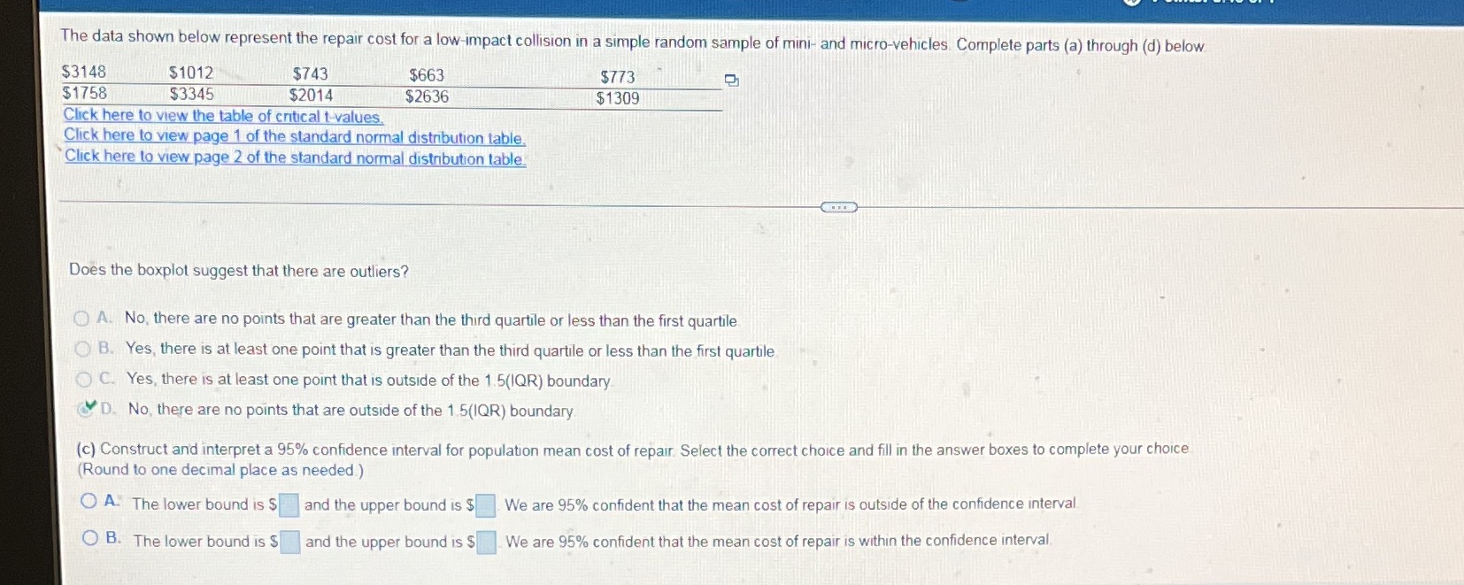 The data shown below represent the repair cost for a low-impact