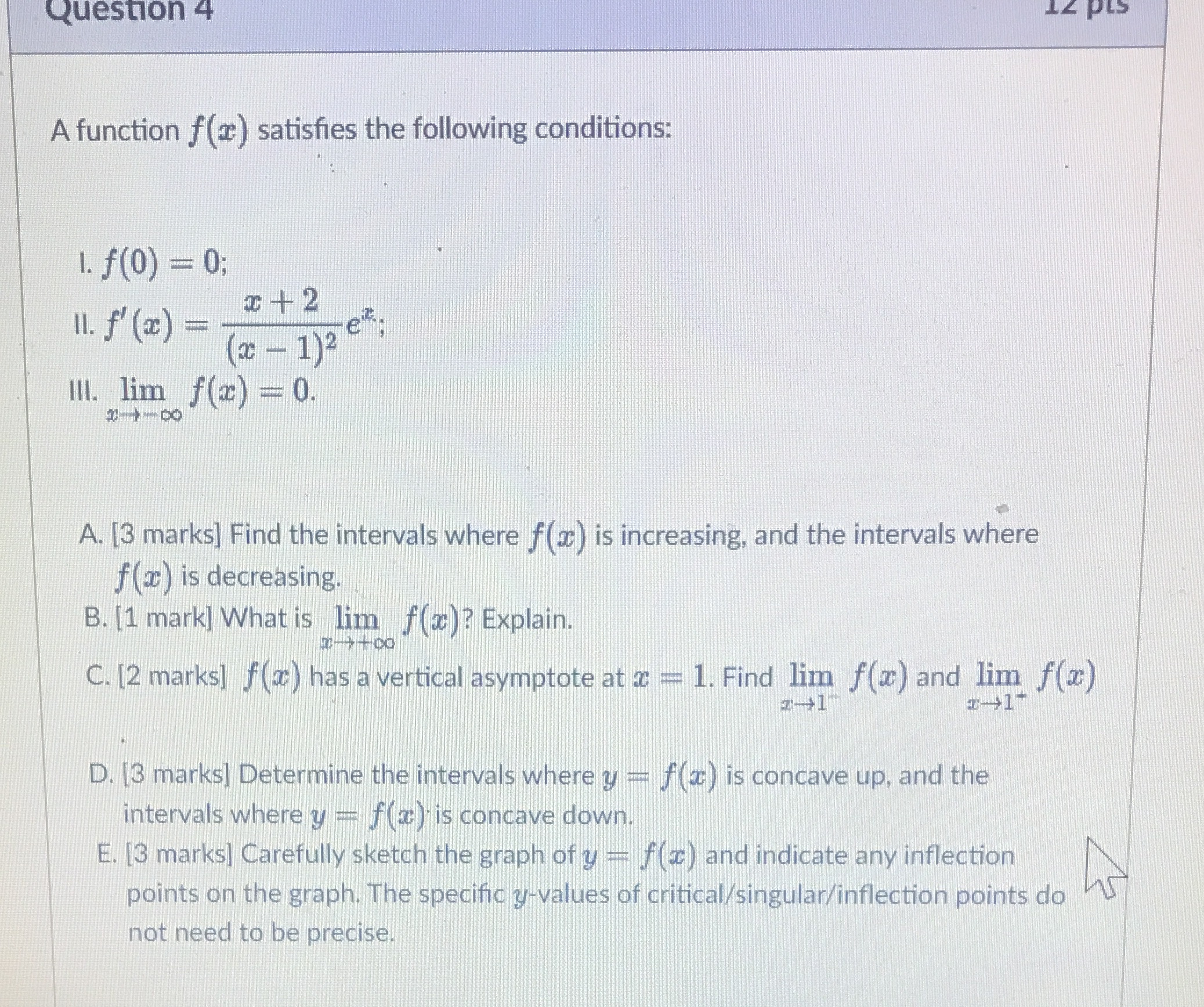 Question 4 12 PLS A function f(r) satisfies the following conditions: