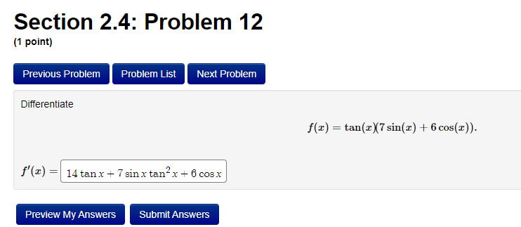 point) Previous Problem Problem List Next Problem Let f(x) = Then, f'(I)