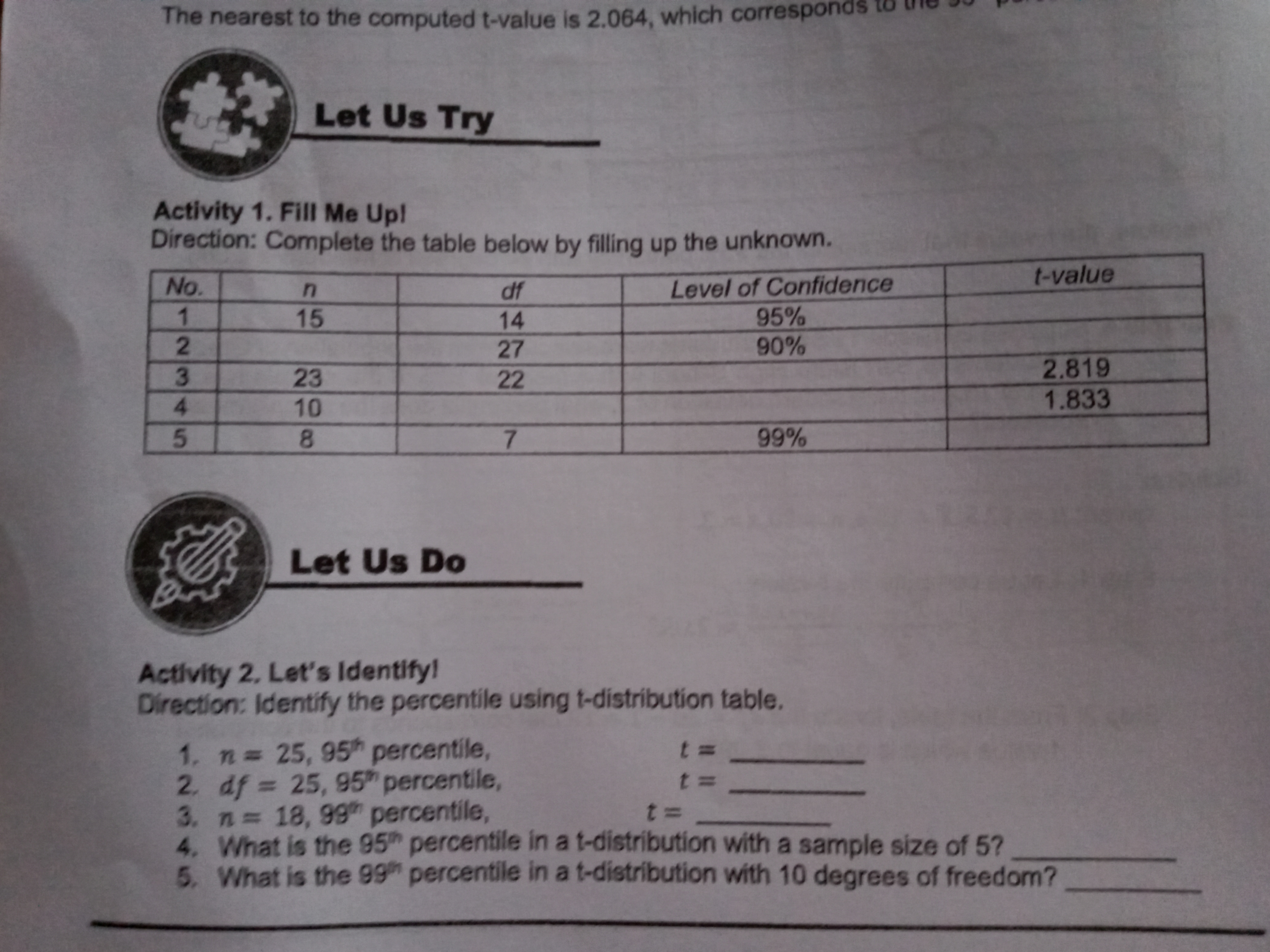 Need your help regarding this Activities. The nearest to the computed t-value