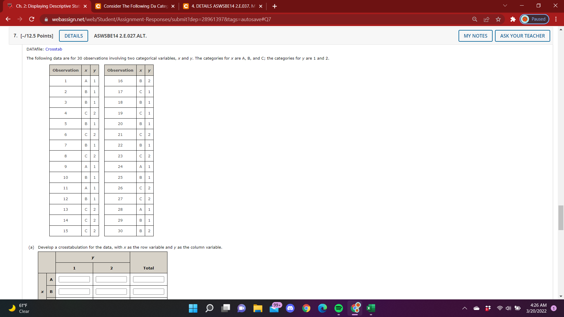 "Ch. 2: Displaying Descriptive Stat: X C Consider The Following Da
