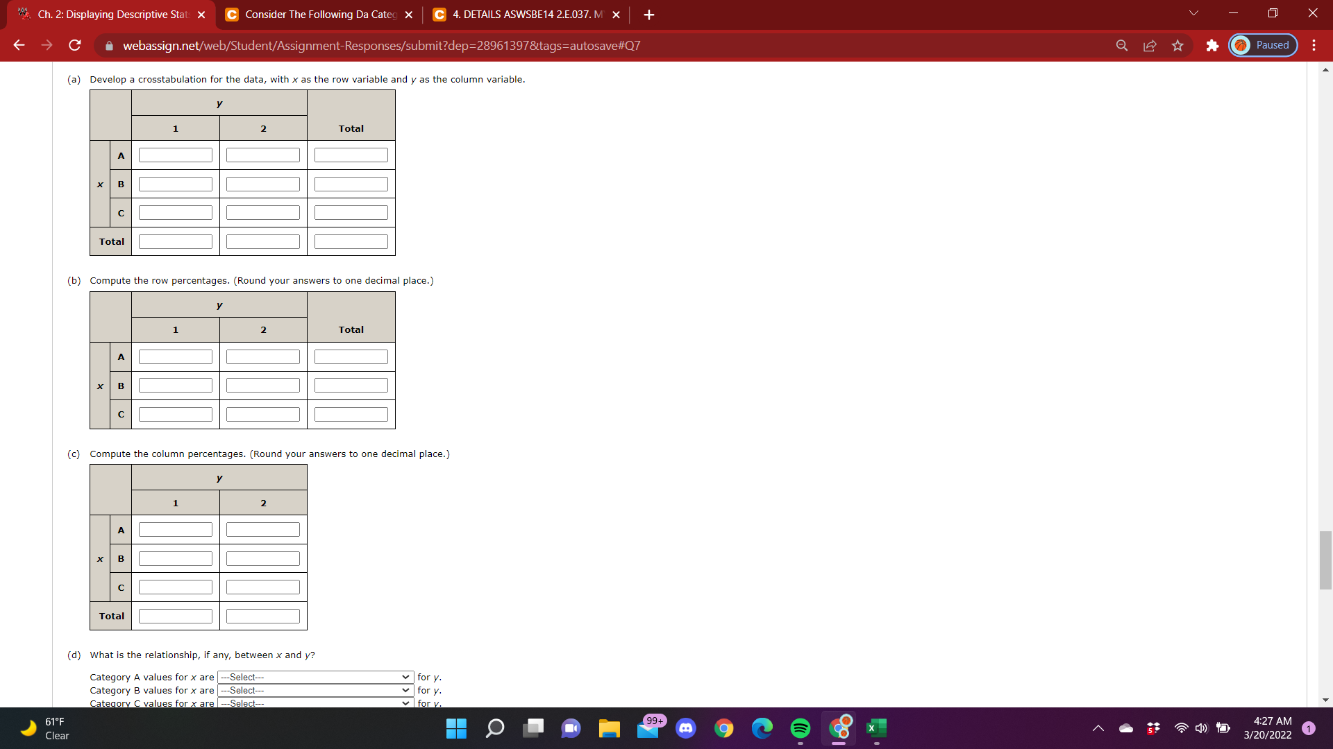 Categ X C 4. DETAILS ASWSBE14 2.E.037. M X C webassign.net/web/Student/Assignment-Responses/submit?dep=28961397&tags=autosave#Q7 X