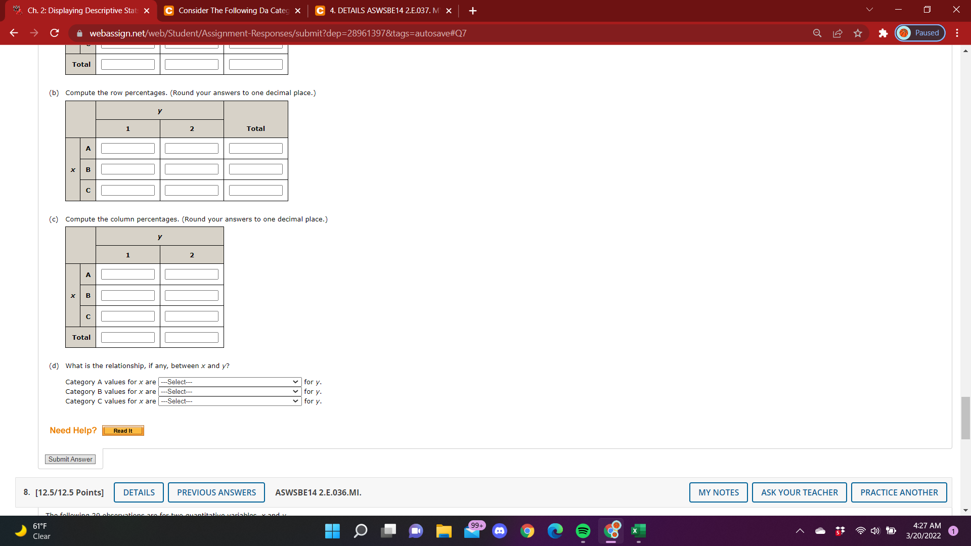 7. [-/12.5 Points] DETAILS ASWSBE14 2.E.027.ALT. Paused DATAfile: Crosstab MY NOTES ASK