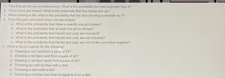  1. Two dice are thrown simultaneously. What is the probability the