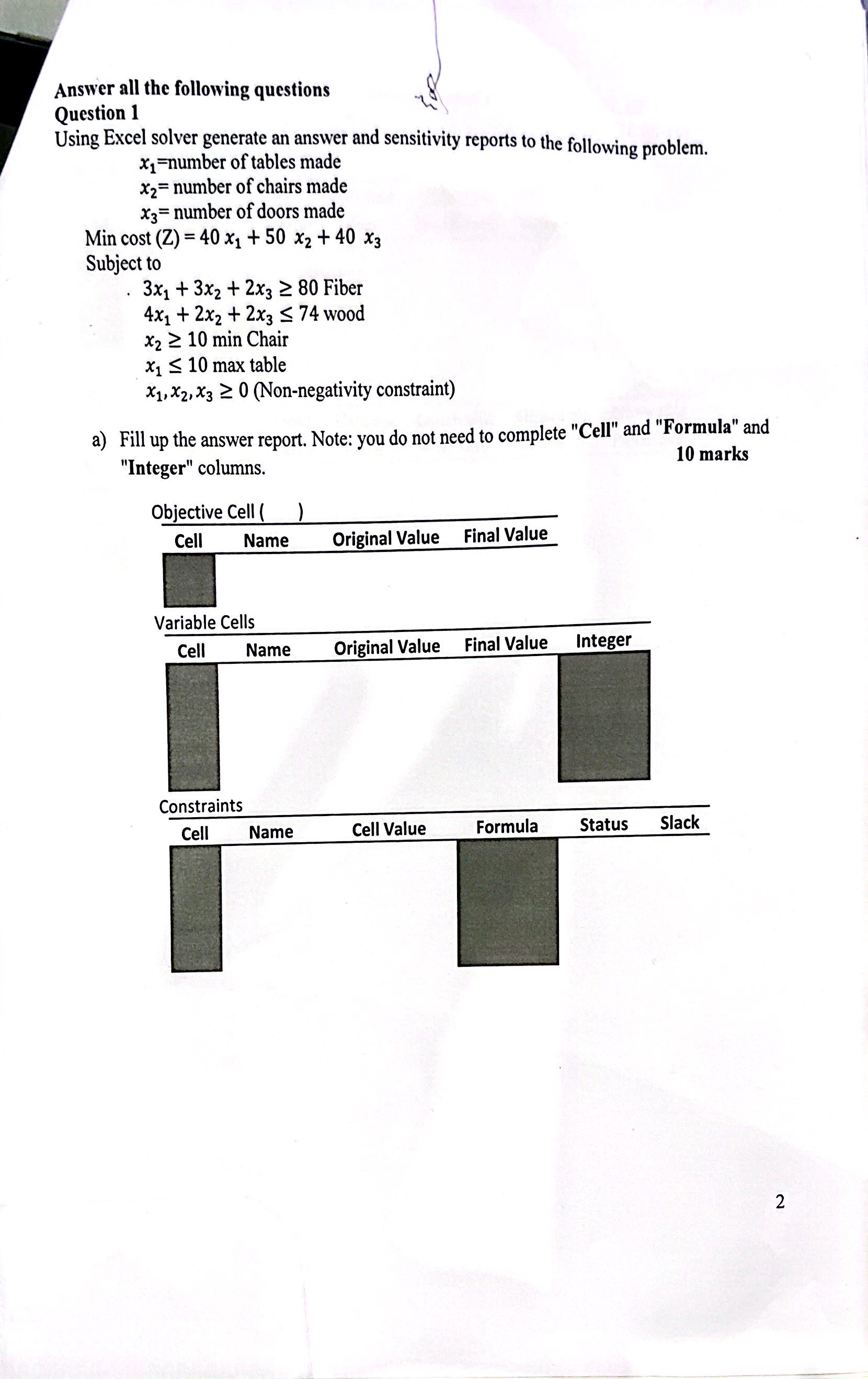  Answer all the following questions Question 1 m\" Using Excel solver