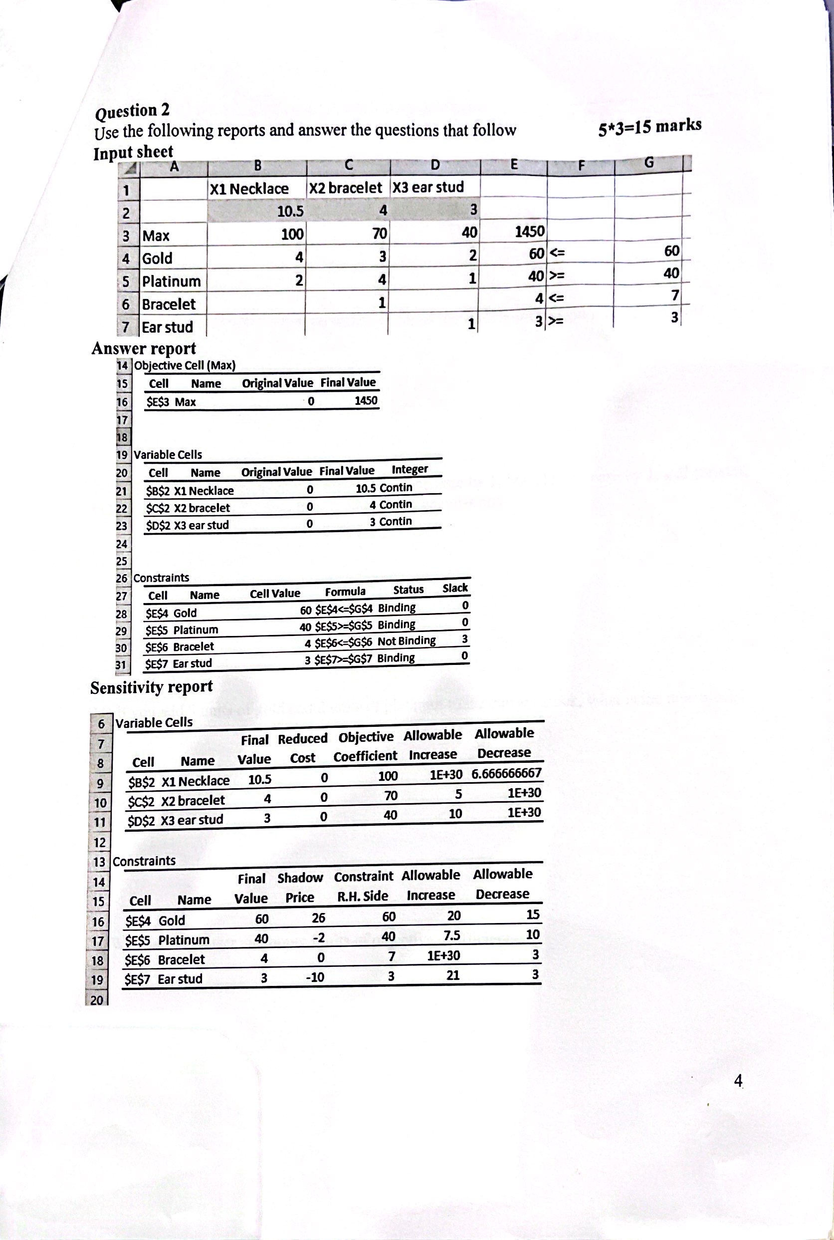 ports to the following problem. xz= number of chairs made x3= number