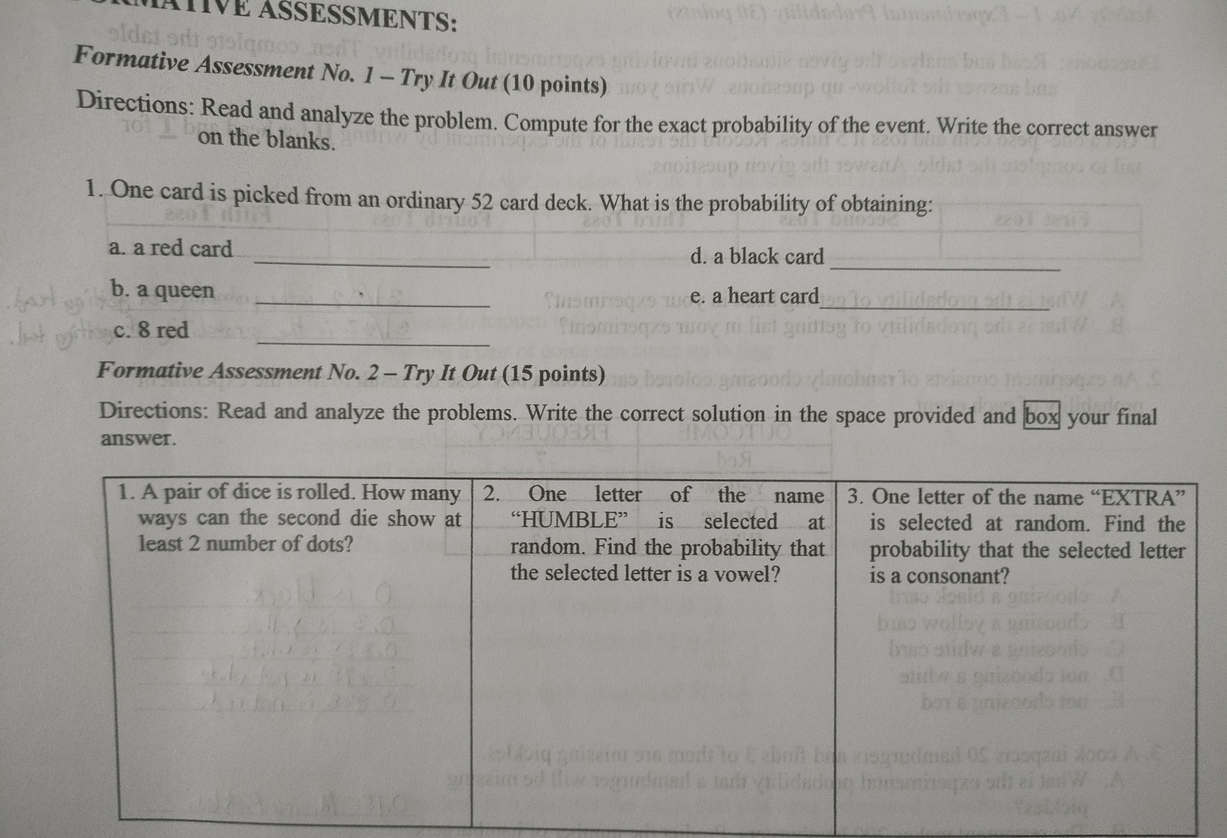 IVE ASSESSMENTS: Formative Assessment No. 1 - Try It Out (10