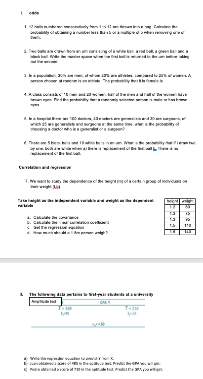 I. odds 1. 12 balls numbered consecutively from 1 to 12