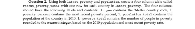  Question 2. Using both latest_poverty and population, create a four-column table