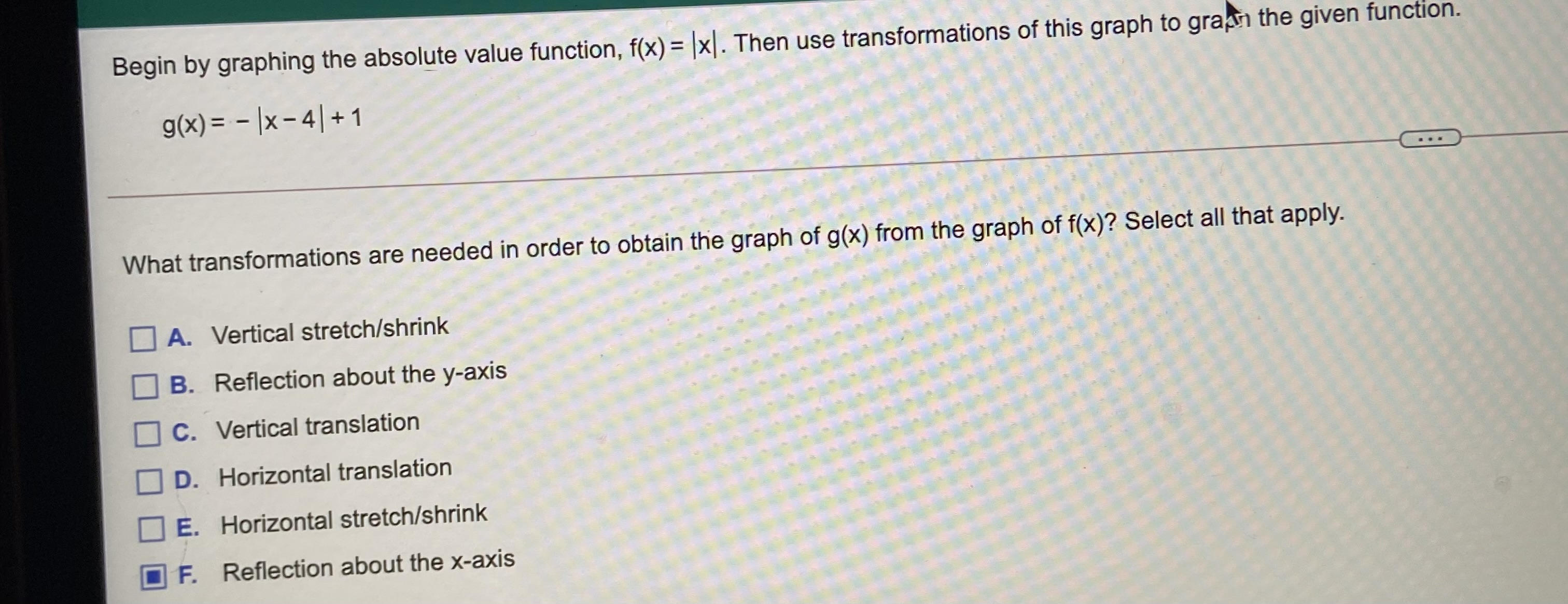  Begin by graphing the absolute value function, f(x) = /x). Then