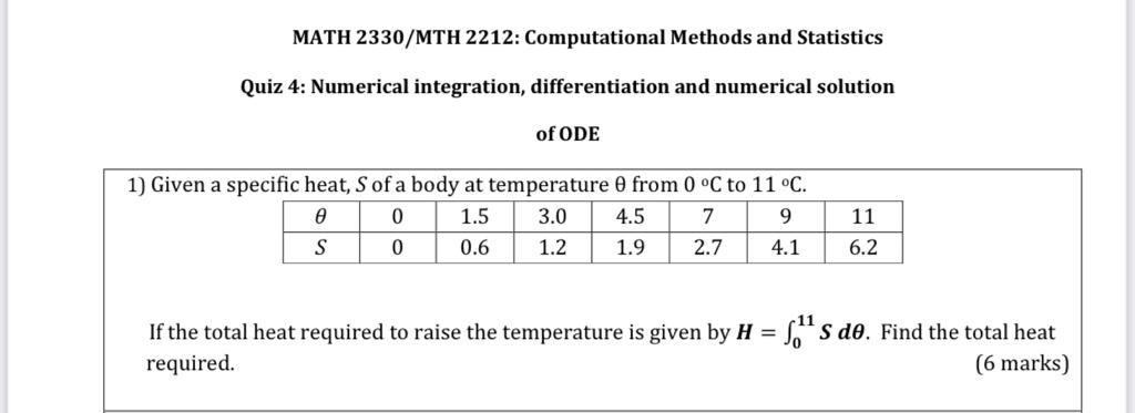 MATH ZSSO/MTH 2212: Computational Methods and Statistics Quiz 4-: Numerical integration,