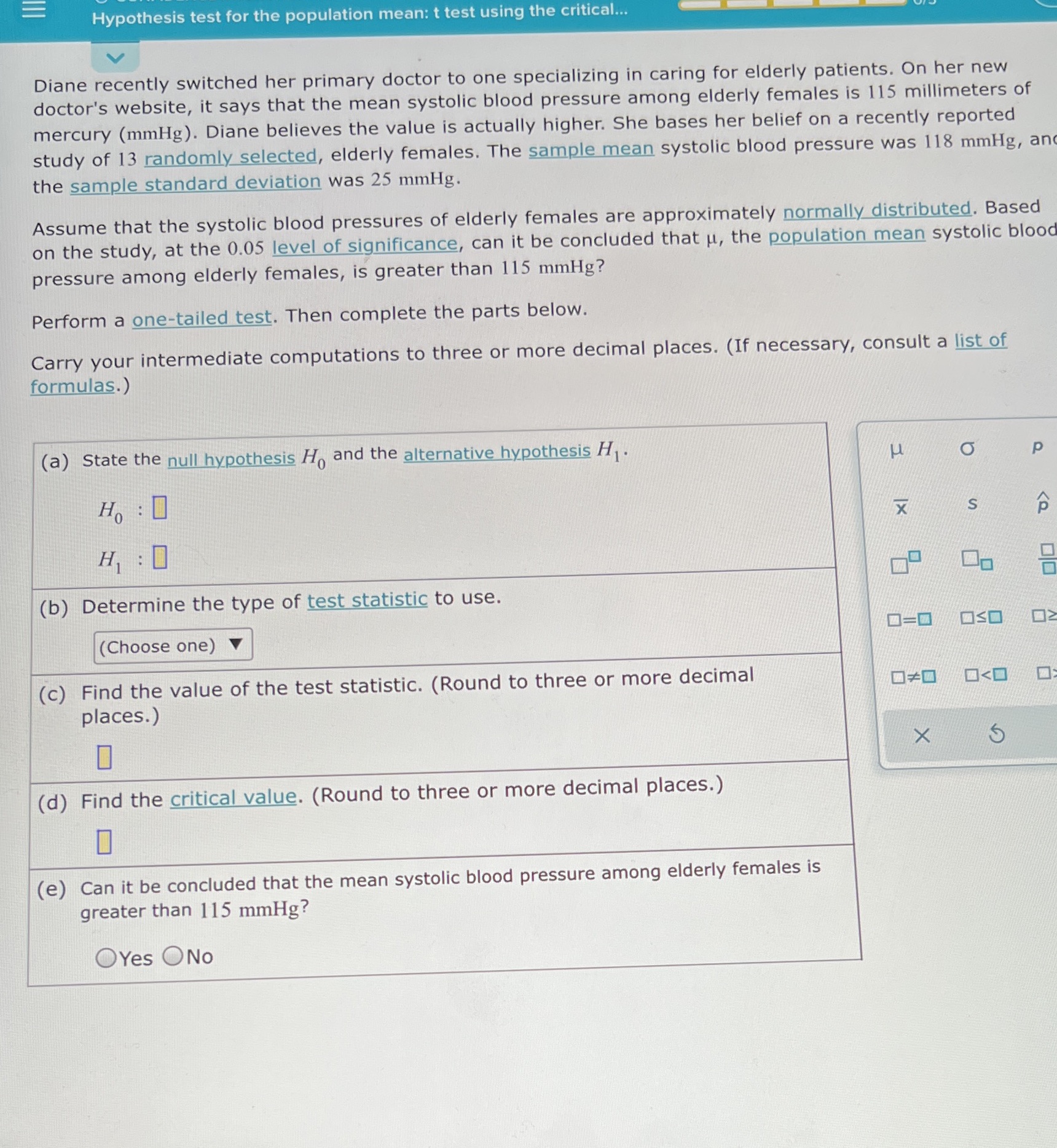 Hypothesis test for the population mean: t test using the critical...