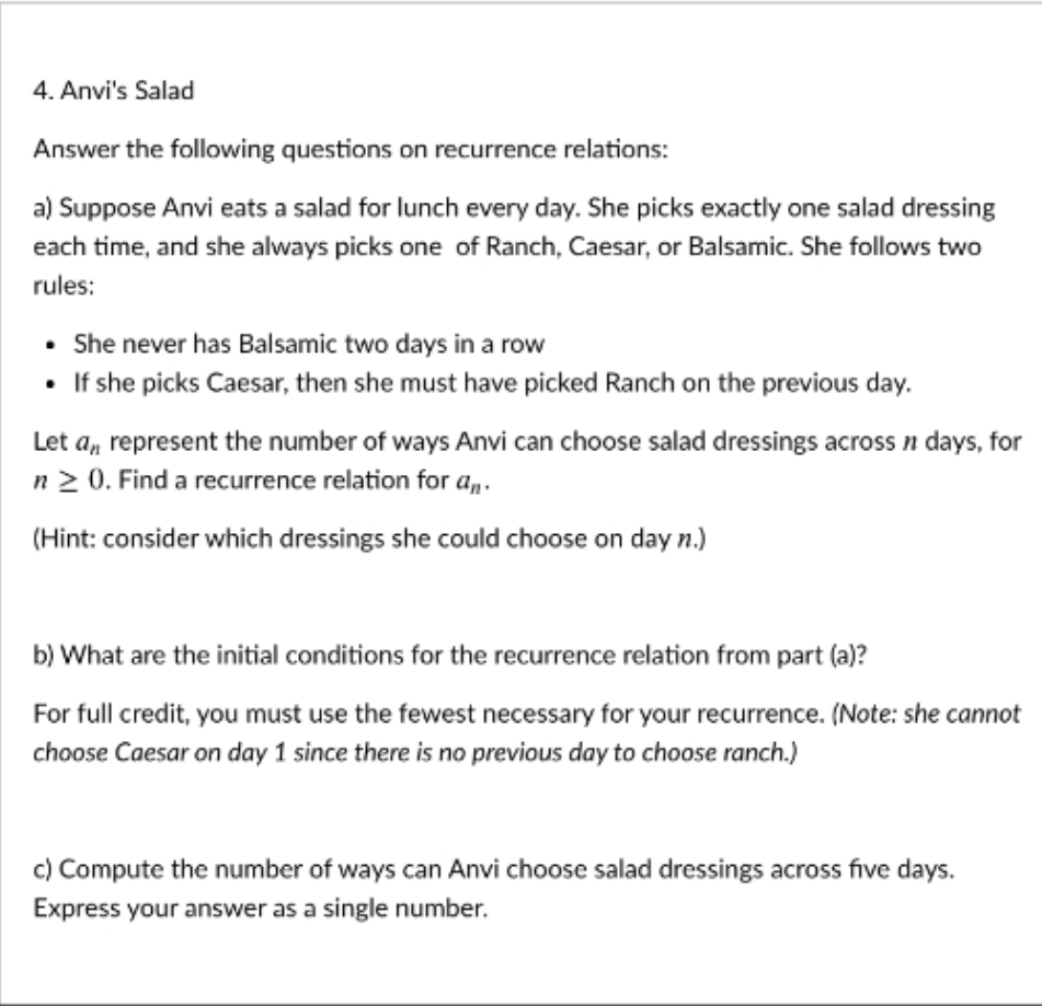 please send solution for part b 4. Anvi's Salad Answer the following