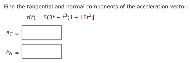 of the acceleration vector. r(t) = 5(3t - +3)i+ 15+2 j aT