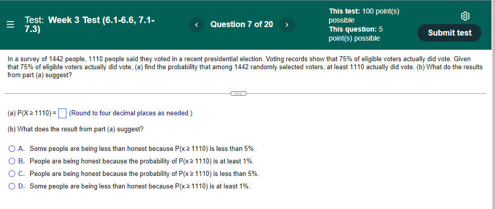 Test: Week 3 Test (6.1-6.6, 7.1. 7.3) 9 Question 7 of 20