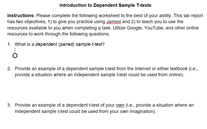 Introduction to Dependent Sample T-tests Instructions: Please complete the following worksheet