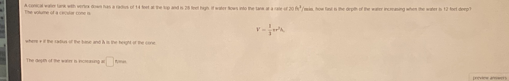  A conical water tank with vertex down has a radius of