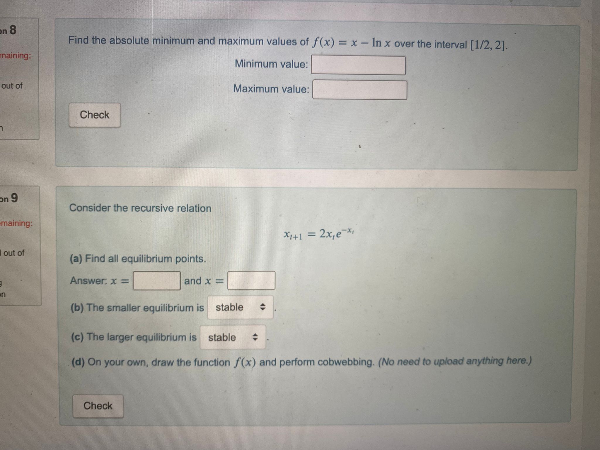 in 8 Find the absolute minimum and maximum values of f(x)