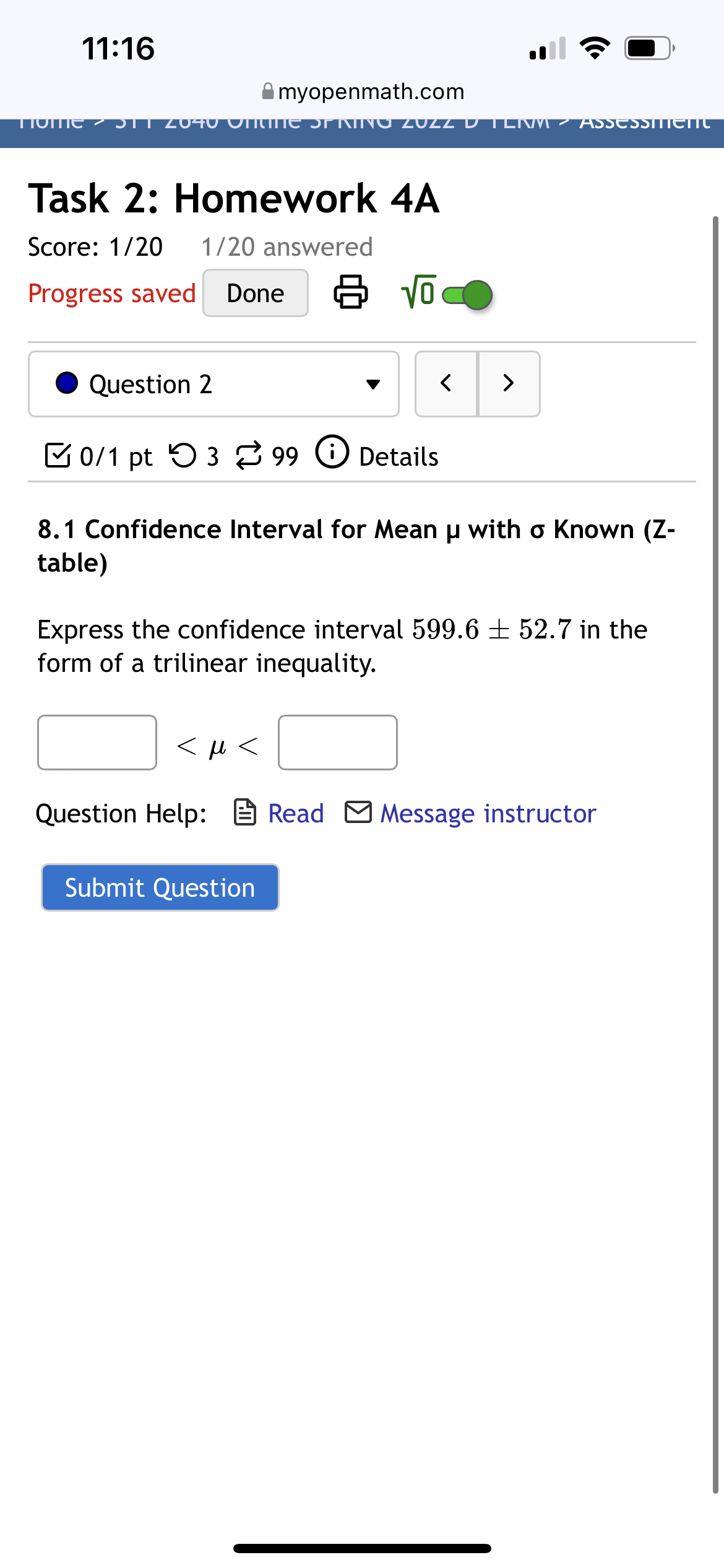  Task 2: Homework 4A Score: 1/20 1/20 answered Progress saved Done