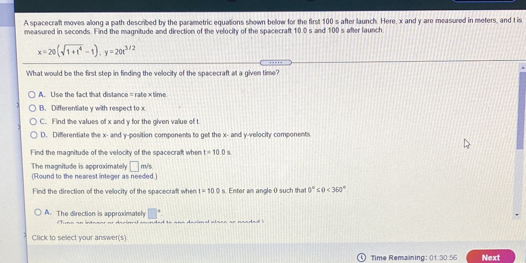 A spacecraft moves along a path described by the parametric equations