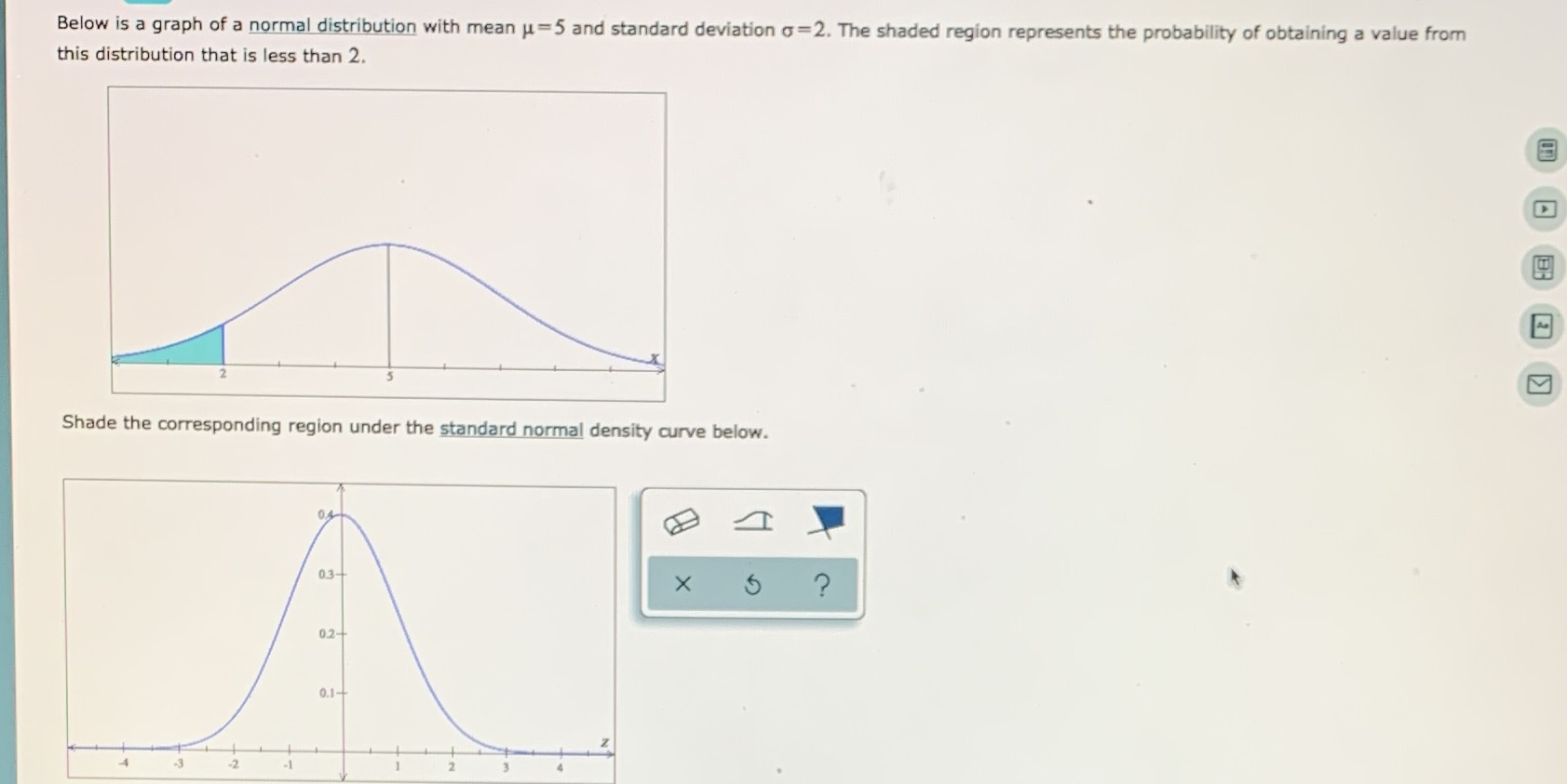  Below is a graph of a normal distribution with mean u=5