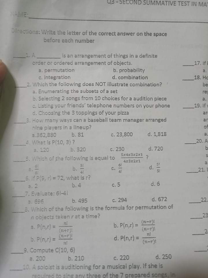  Q3 - SECOND SUMMATIVE TEST IN MA NAME: Directions: Write the