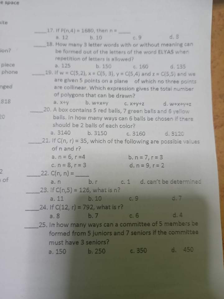 letter of the correct answer on the space before each number 1.