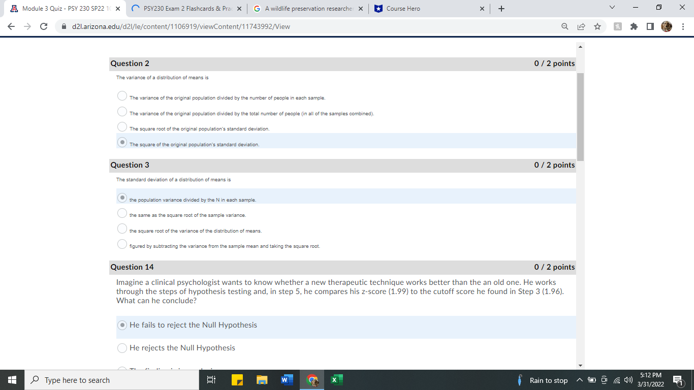A Module 3 Quiz - PSY 230 SP22 1( X PSY230