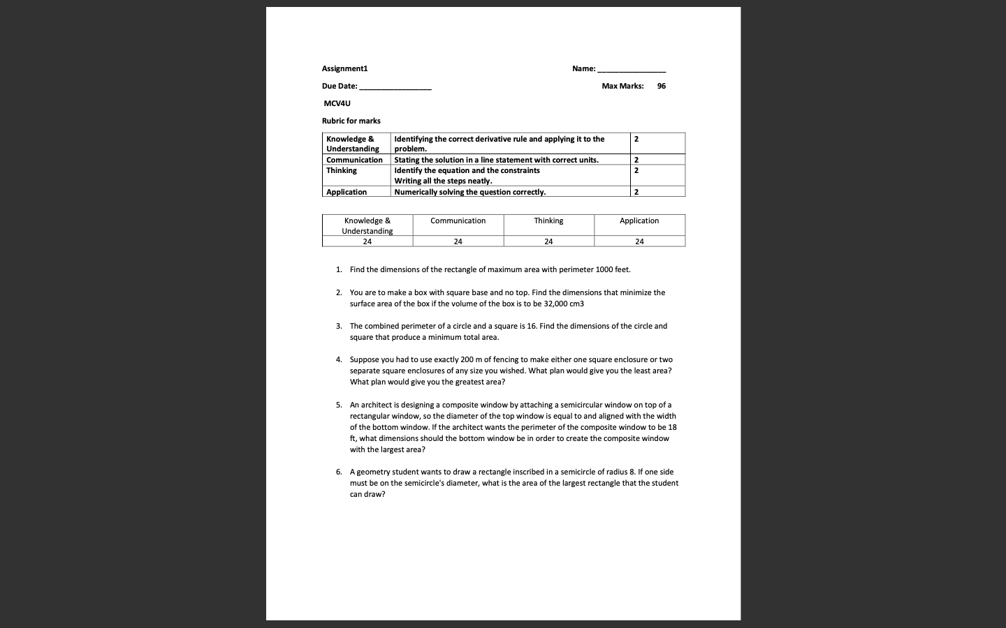 Assignment1 Name: _ Due Date: _ Max Marks: 96 MCV4U Rubric