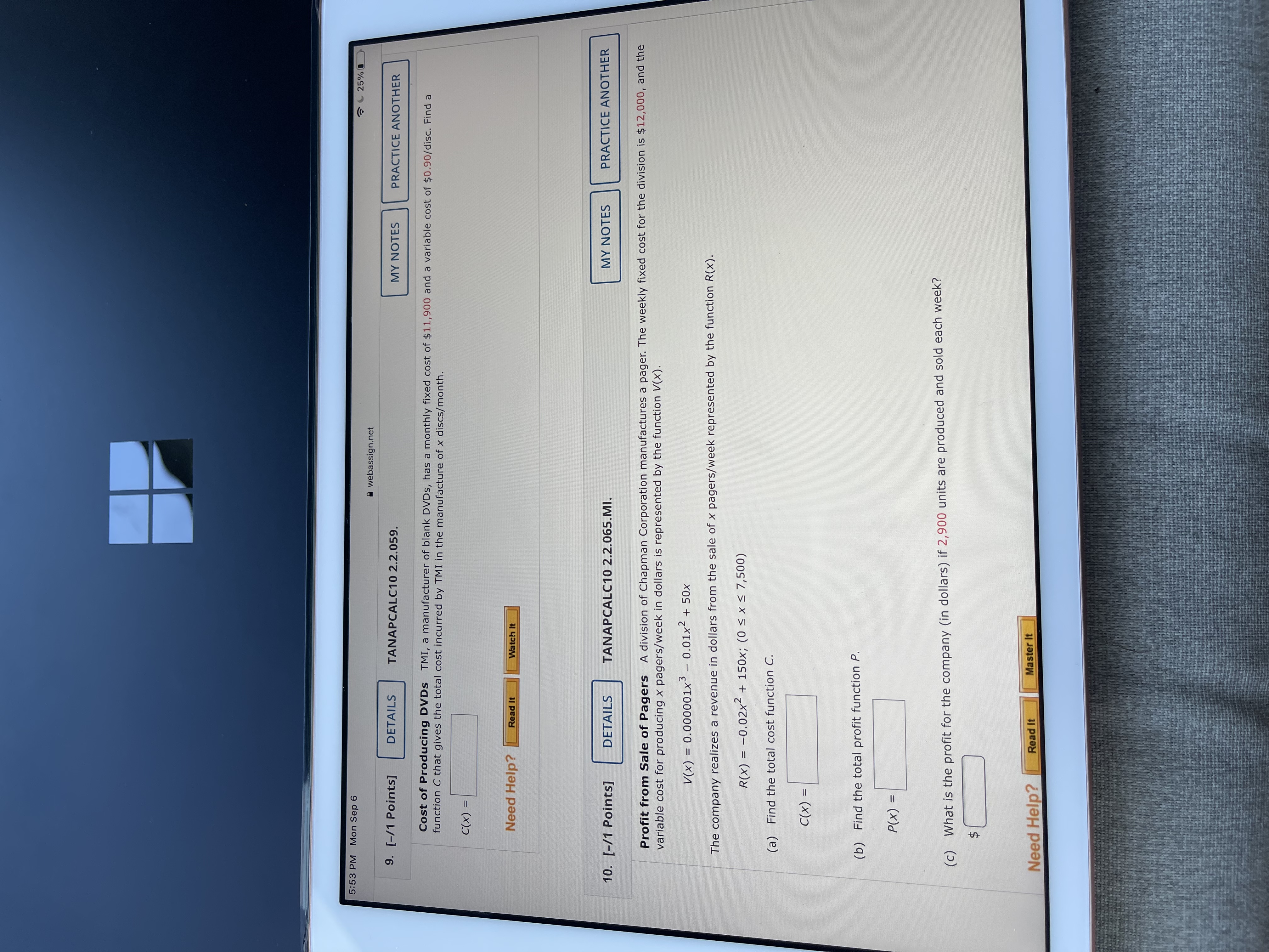  5:53 PM Mon Sep 6 25% webassign.net 9. [-/1 Points] DETAILS