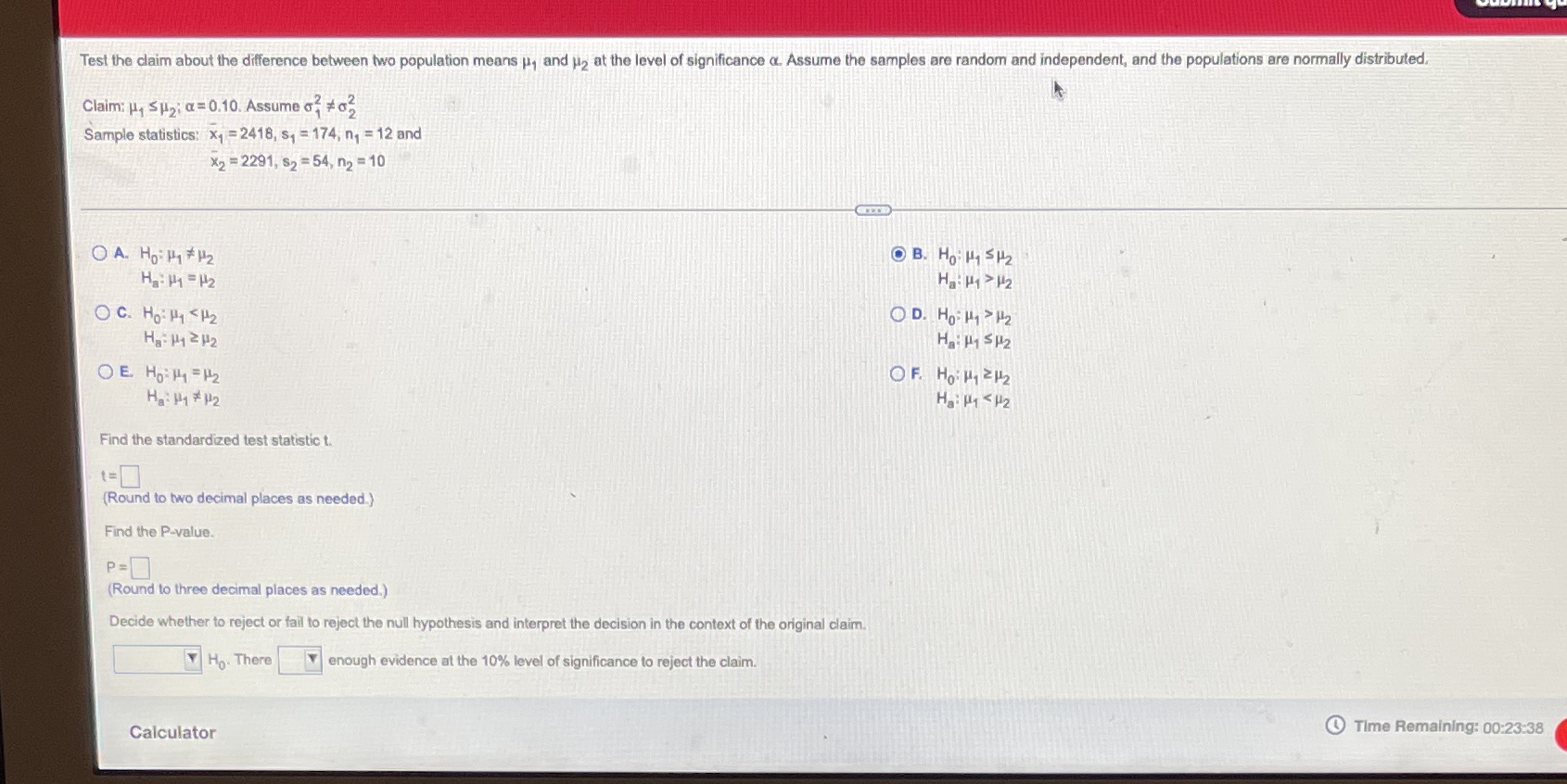  Test the claim about the difference between two population means p,