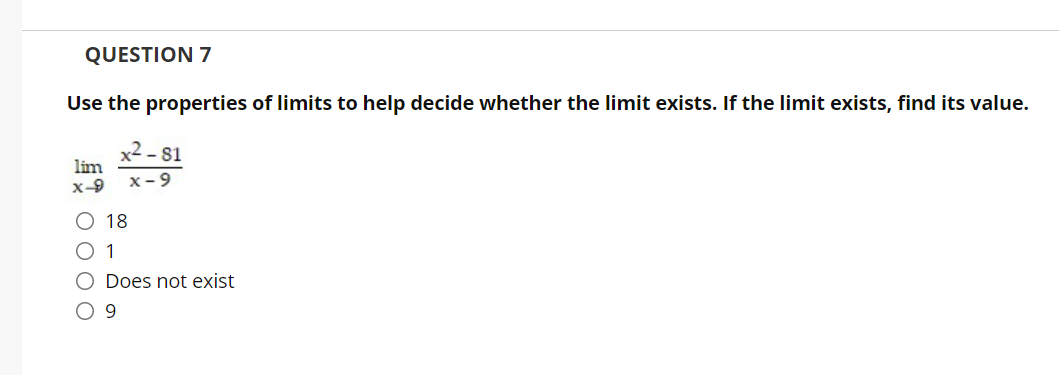 6x5x+4 x-oo 9x2-x-6 Oz 3 0.00 Oi,o 0 Does not exist QUESTION