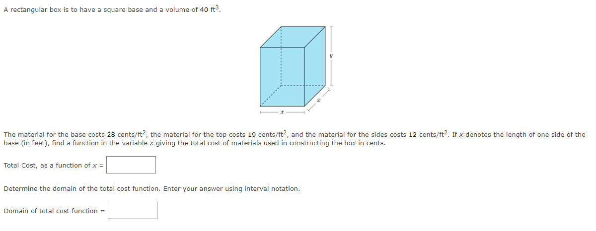 A rectangular box is to have a square base and a