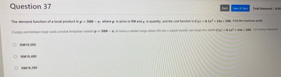 unit. The labour cost is RM15 per unit and the material cost