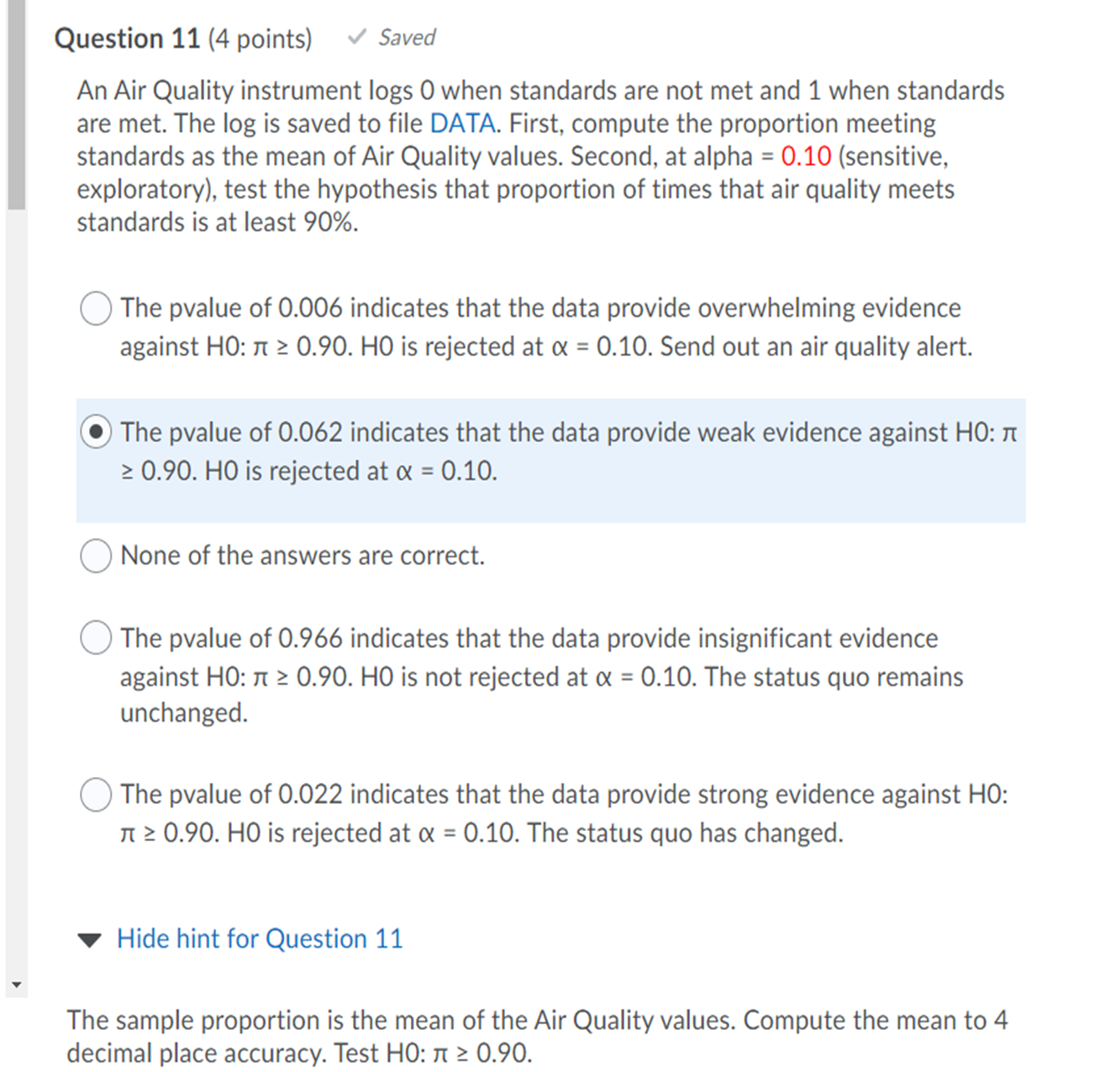 Question 11 (4 points) ~/ Saved An Air Quality instrument logs