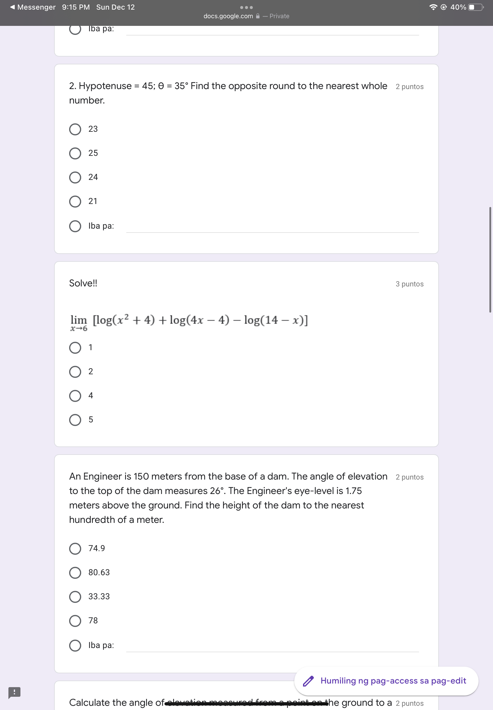  Messenger 9:15 PM Sun Dec 12 . . . 40% docs.google.com