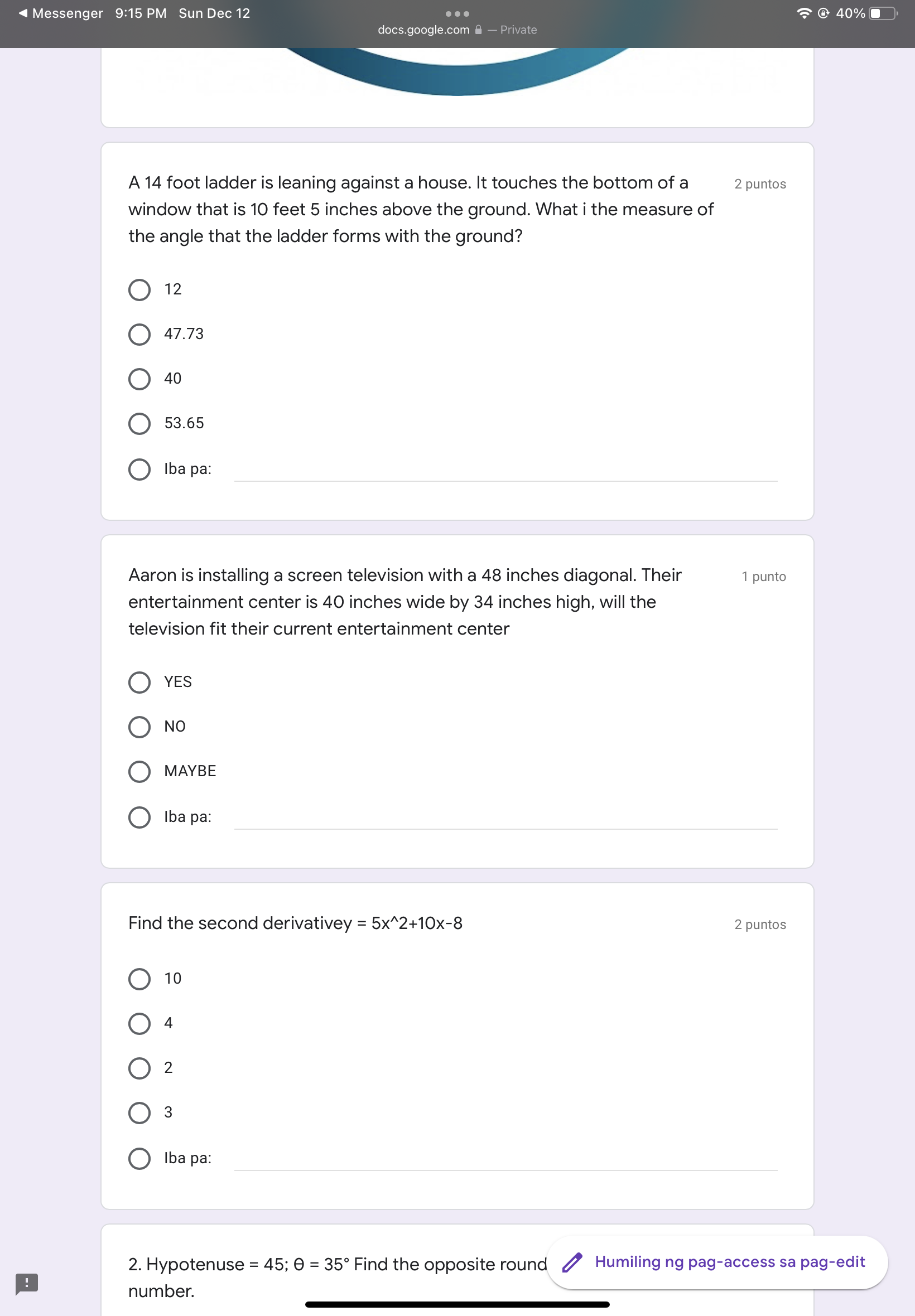  Messenger 9:15 PM Sun Dec 12 . . . 40% docs.google.com